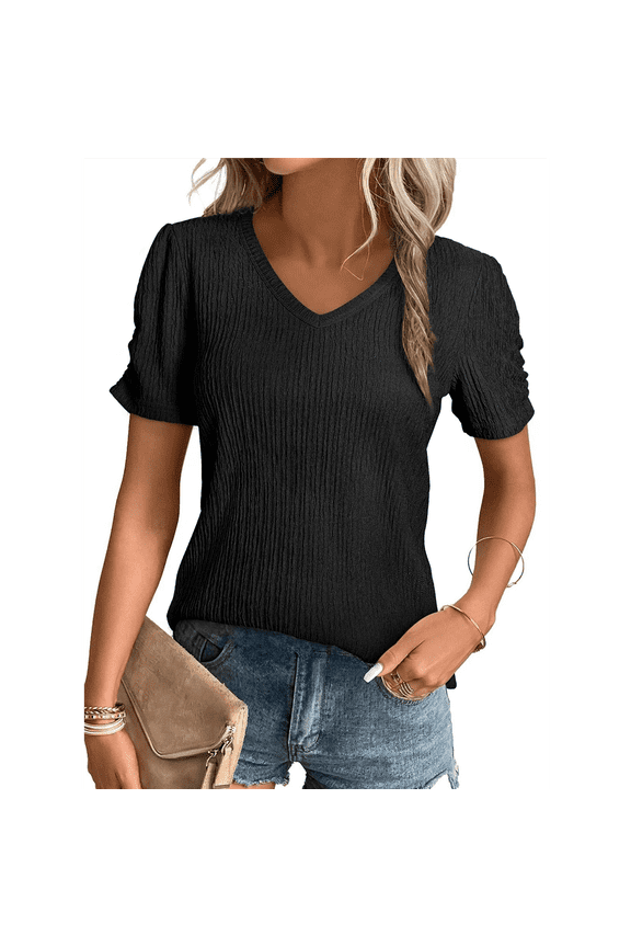 V-Neck Puff Sleeve Solid Color Knitted Textured Top