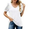 thumbnail image 1 of V-Neck Puff Sleeves, Frilled Hem, Casual Chic for Women Summer White Stretchy Blouse, 1 of 6