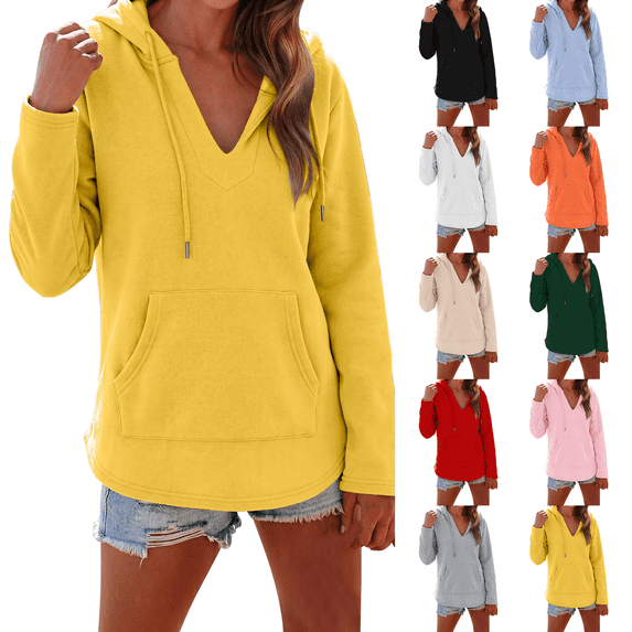 V Neck Pullover Hoodie Womens Fall V Lightweight Soft Long Sleeve Drawstring Sweatshirt with Pocket 2026 Daily Tops Yellow M