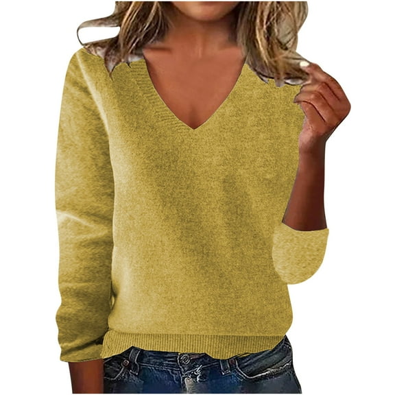 V-Neck Pullover Sweater for Women, Fall Solid Color Base Sweatshirt Causal Long Sleeve Knitted Tops