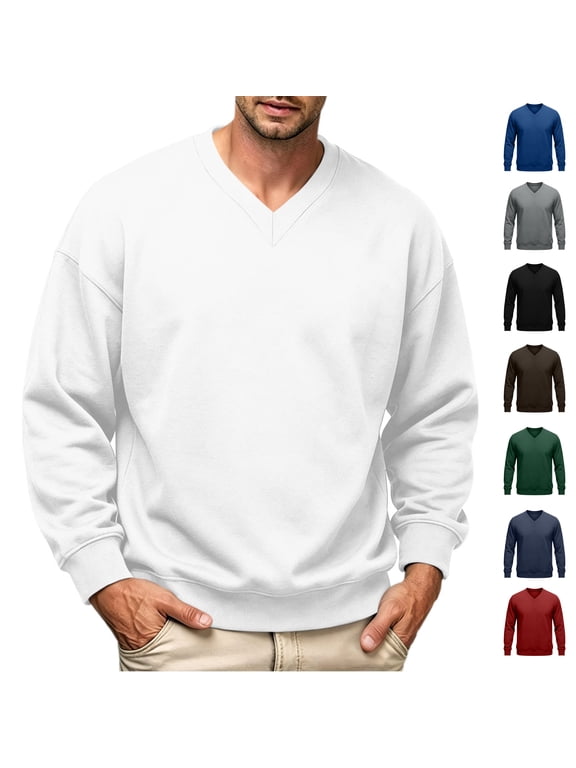 V Neck Pullover Sweatshirts for Men Drop Shoulder Loose Fit Solid Color Long Sleeve Top Casual Basic Loungewear Top.