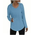 thumbnail image 1 of V Neck Pullover Tops, Womens Long Sleeve Knit Hoodies, Drawstring Pullover Tops with Pocket, 1 of 7