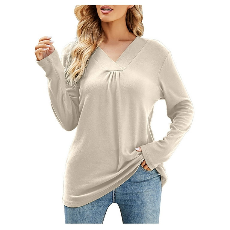 Czhjs Plus Size Tops Loose Tunic Trendy Western Tops for Ladies Round Neck Pullover Solid Color Sweatshirts Womens Fall Fashion Long Sleeve T Shirts