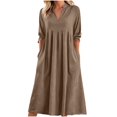 thumbnail image 1 of V-Neck Quarter Sleeve Linen Dress Women Side Pockets Loose Fit Maxi Breathable for Spring Summer Fall Casual Daily Office Beach Vacation Trips Brown S, 1 of 8