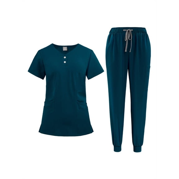 V-Neck Quick-Dry Scrub Set - Elastic Waist, Patch Pockets, Durable Woven Polyester for Healthcare Professionals