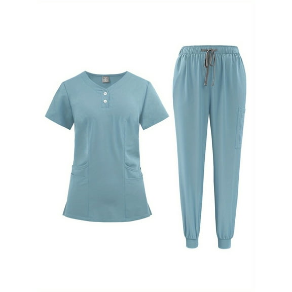 V-Neck Quick-Dry Scrub Set - Elastic Waist, Patch Pockets, Durable Woven Polyester for Healthcare Professionals