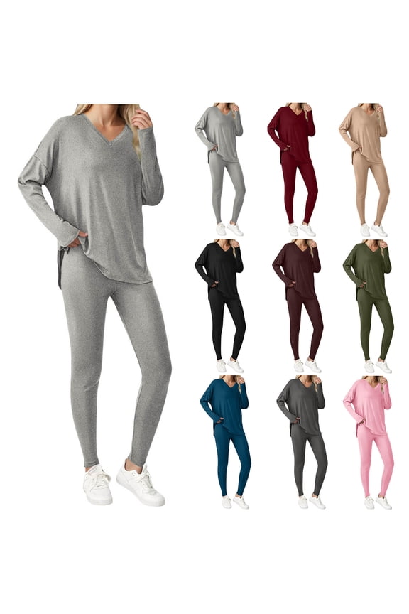 V-Neck Ruched Blouse And Elastic Waist Pocket Pants Set, Women's Casual Long Sleeve Tops And Lounge Bottoms Work Outfits, Two Piece Outfit for Office And Business Casual | CSEONE,Red L