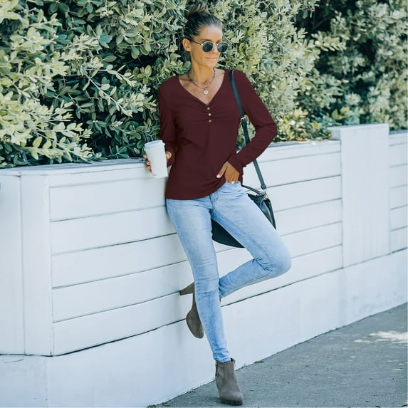 V Neck Ruched Front Button Detail Long Sleeve Ribbed Tee for Women