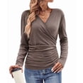 thumbnail image 1 of V Neck Ruched Tops for Women, Casual Women'S Long Sleeve Wrap Shirts Fashion Slim Fitted Pullover Blouses Camel Color L, 1 of 9