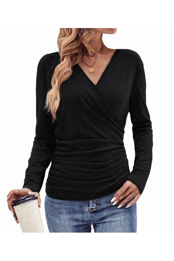 V Neck Ruched Tops for Women, Casual Women'S Long Sleeve Wrap Shirts Fashion Slim Fitted Pullover Blouses