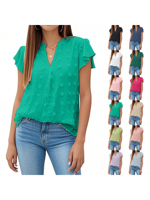 V Neck Ruffle Sleeve Blouse for Women, Textured Dot Jacquard Chiffon Top with Flutter Sleeves - Loose Fit Summer Casual Shirt for Vacation & Daily Wear Black M
