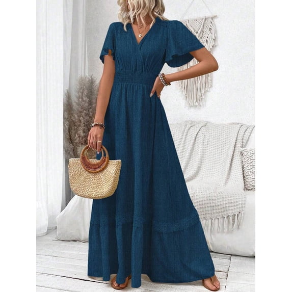 V-Neck Ruffle Sleeve Maxi Dress In Dark Wash Denim-Look Fabric