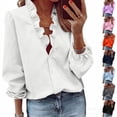 thumbnail image 1 of V Neck Ruffle T-Shirt Women Polyester Long Sleeve Button Down Shirt, Women's Plus, White XL, 1 of 9