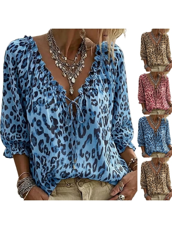 V-Neck Ruffle Trim Tie Front Leopard Print Puff 3/4 Sleeve Blouse for Women ,Loose Fit Casual Fashion Streetwear Tops Brown 2XL