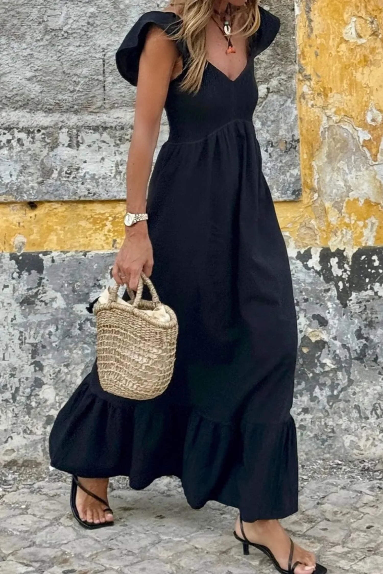 Charming V-neck Cap Sleeves Open Back Maxi Dresses with Slit Daffodil