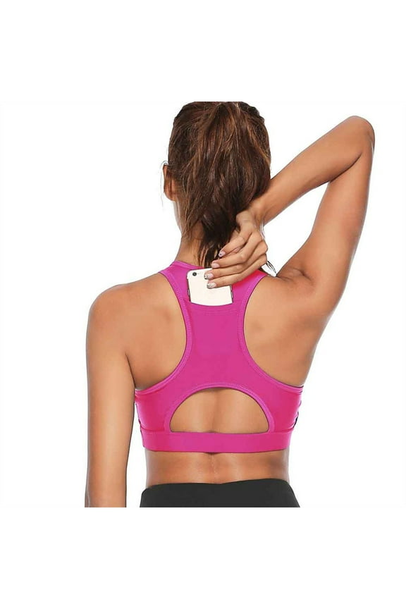 V Neck Running Sports Bra with Phone Pocket, Medium Support Workout Tops Padded Racerback Bra for Women