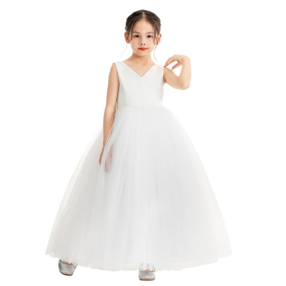 V-Neck Satin Flower Girl Dress Junior Bridesmaid Gowns for Wedding Communion Baptism 522 6
