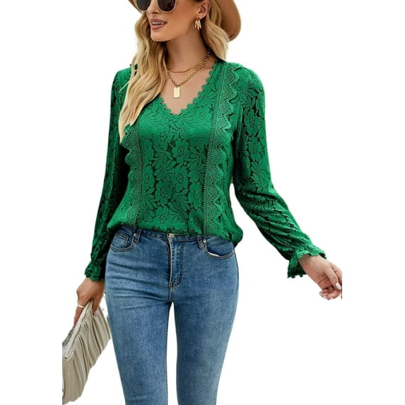 V Neck Scallop Trim Long Sleeve Keyhole Back Lace Blouse for Women Green Small