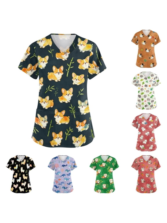 V-Neck Scrub Top with Dual Pockets for Women - Cute Corgi & Cat Print Breathable Medical Uniforms, Loose Fit Vet Tech Work Shirts for Nurses & Pet Groomers Saffron S