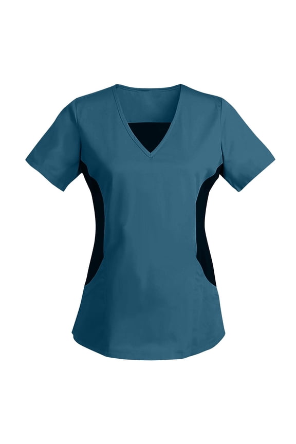 V Neck Scrub Top for Women Stretch Side Panels Short Sleeve Work Nurse Uniform T-Shirt