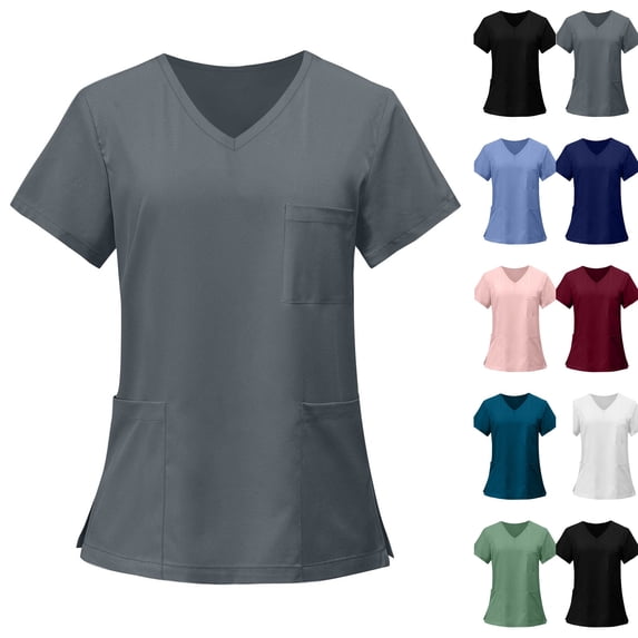 V-Neck Scrub Tops Women - Stretchy 3-Pocket Nurse Scrubs with Nursing Uniform Fit,Gray 4XL