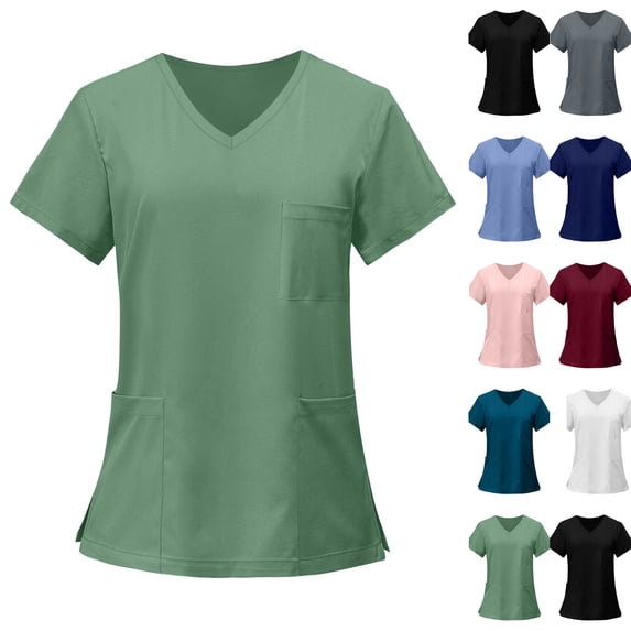 V-Neck Scrub Tops Women - Stretchy 3-Pocket Nurse Scrubs with Nursing Uniform Fit,Green 2XL