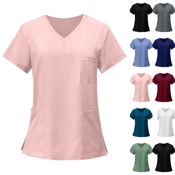 V-Neck Scrub Tops Women - Stretchy 3-Pocket Nurse Scrubs with Nursing Uniform Fit,Pink M