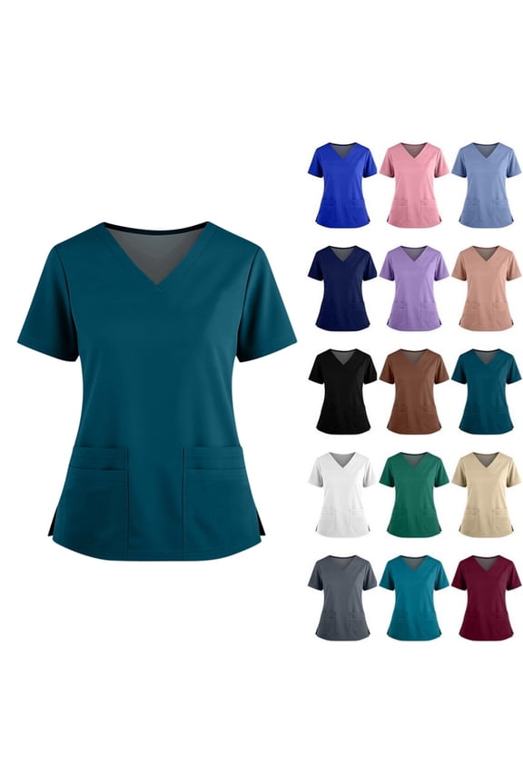 V-Neck Scrub Tops Women - Stretchy 4-Pocket Nurse Scrubs with Medical Uniform Fit Dark Blue 4XL
