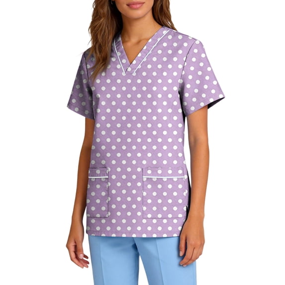 V-Neck Scrub Tops for Women Casual Short Sleeve Working Uniform Plaid Printed Scrub T Shirts Medicals Nursing Scrub Shirts with Pockets