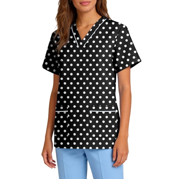 V Neck Scrub Tops for Women Short Sleeve Plaid Scrub Shirts Stretchy Holiday Nurse Uniform with Pockets