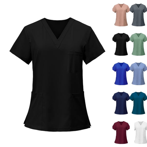 V-Neck Scrub Tops for Women, Soft Stretch Short Sleeve Nursing Uniform with 3 Pockets,Black S