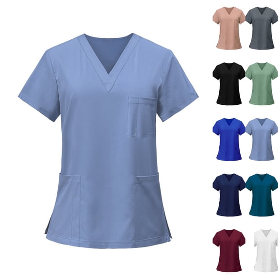 V-Neck Scrub Tops for Women, Soft Stretch Short Sleeve Nursing Uniform with 3 Pockets,Sky Blue S