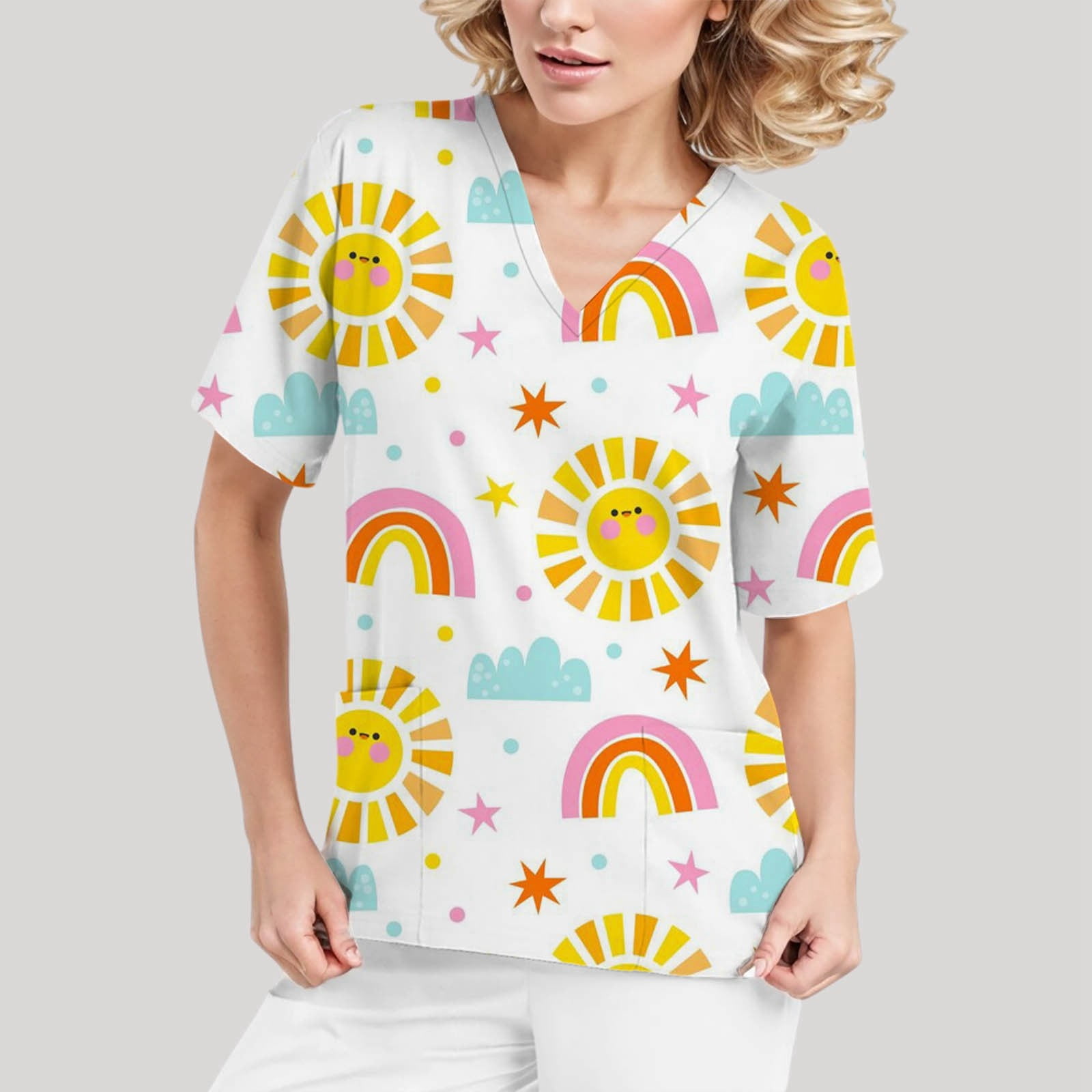 VNeck ScrubK Women's Printed Short Sleeved Full Printed Pocket T Shirt