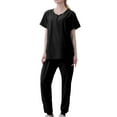 thumbnail image 1 of V Neck Scrubs Sets for Women Short Sleeve Tops and High Waist Jogger Scrub Pants Solid Casual 2 Piece Workwear Uniform Scrubs Black,M, 1 of 5