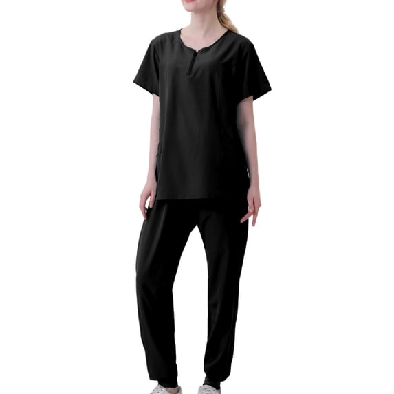V Neck Scrubs Sets for Women Short Sleeve Tops and High Waist Jogger Scrub Pants Solid Casual 2 Piece Workwear Uniform Scrubs Black,XL