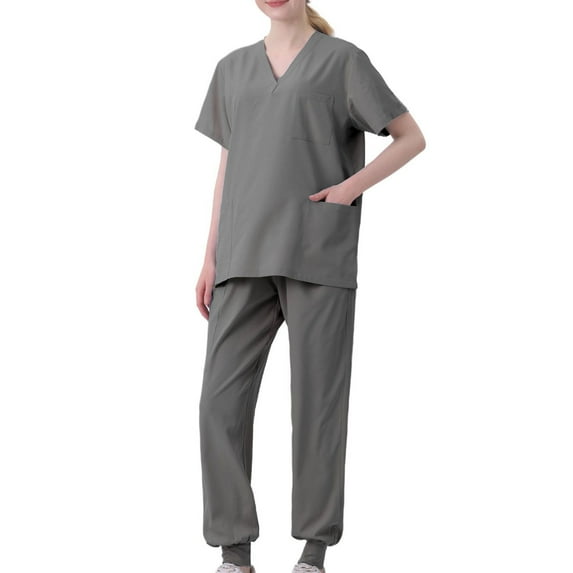 V Neck Scrubs Sets for Women Short Sleeve Tops and High Waist Jogger Scrub Pants Solid Casual 2 Piece Workwear Uniform Scrubs Gray,M