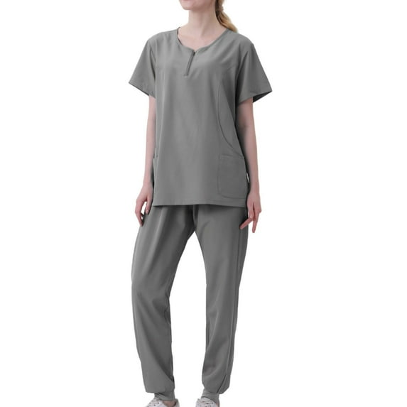 V Neck Scrubs Sets for Women Short Sleeve Tops and High Waist Jogger Scrub Pants Solid Casual 2 Piece Workwear Uniform Scrubs Gray,S