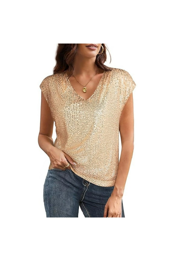 V Neck Sequin Short Sleeve Tops for Women Elastic Sparkly Tank Top Gold M