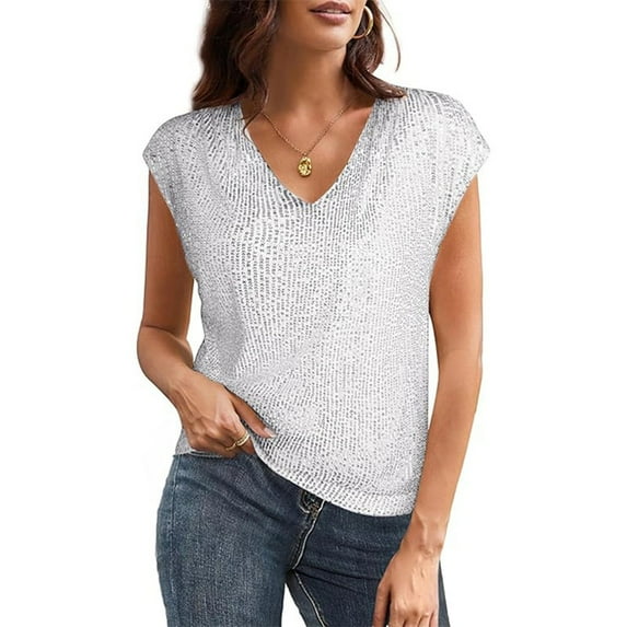 V Neck Sequin Short Sleeve Tops for Women Elastic Sparkly Tank Top White L