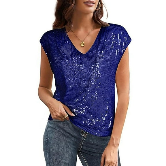 V Neck Sequin Short Sleeve Tops for Women Elastic Sparkly Tank Top blue XXL