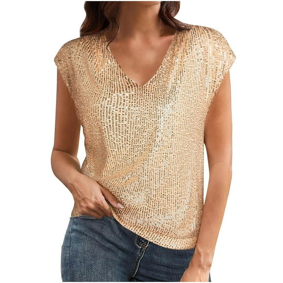 V Neck Sequin Short Sleeve Tops for Women Elastic Sparkly Tank Top for Party