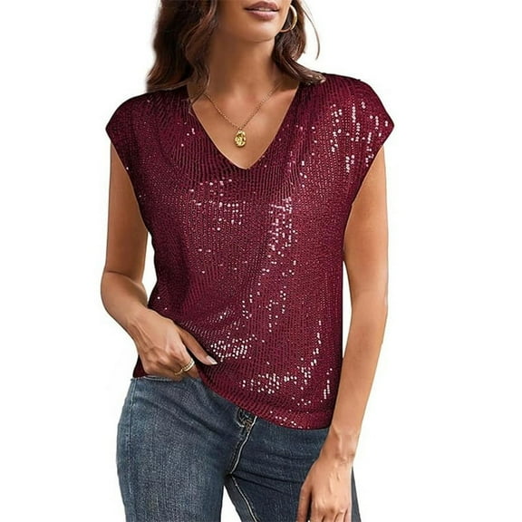 V Neck Sequin Short Sleeve Tops for Women Elastic Sparkly Tank Top red M