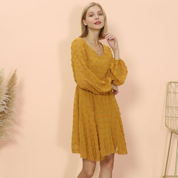 V Neck Sheer Bishop Sleeve Clip Dot Light Dress Above Knee Length