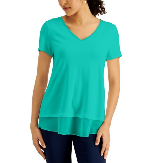 V-Neck Sheer-Hem Top Beveled Glass M