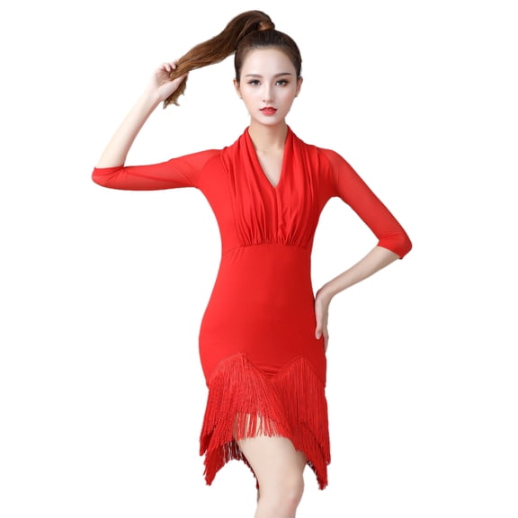 V Neck Sheer Mesh Sleeve Ruched Latin Salsa Tango Fringe Dance Dresses Attire