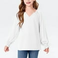 thumbnail image 1 of V Neck Shirts for Big Girls Size 6-16 Long Puffed Sleeve Blouses Tops Teens Kids Trendy Lightweight Solid Color Pullover Going Out T Shirt, 1 of 8