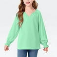 thumbnail image 1 of V Neck Shirts for Big Girls Size 6-16 Long Puffed Sleeve Blouses Tops Teens Kids Trendy Lightweight Solid Color Pullover Going Out T Shirt, 1 of 8