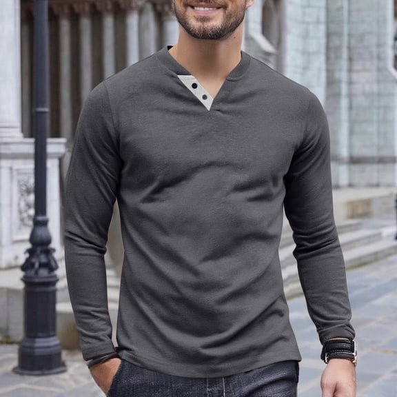 V Neck Shirts for Men Cotton Long Sleeve T Shirts with Button Mens Casual Solid Color Pullover Slim Basic Going-Out Loungewear Sweatshirts Tops