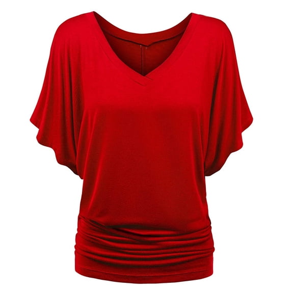 V Neck Shirts for Women Batwing Ruched Plus Size Loose Fit Workout Casual Dressy Blouses Short Sleeve Tops Summer Clothes Red XXXXL