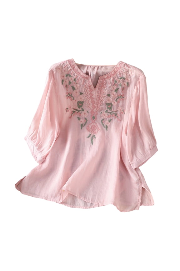 V Neck Shirts for Women Floral Embroidery Cotton Linen Elbow Length Sleeve Boho Blouse for Vacation Daily Pink 3XL